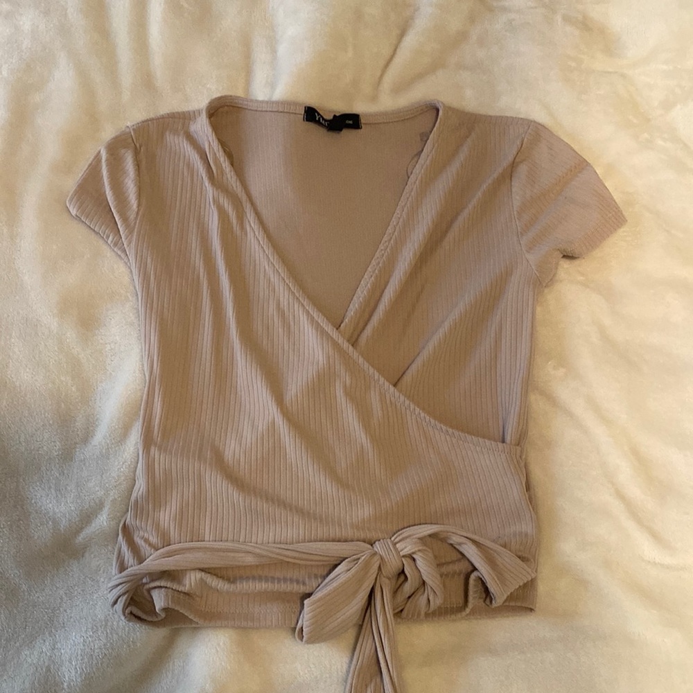 Medium Tan Ribbed Wrap Blouse